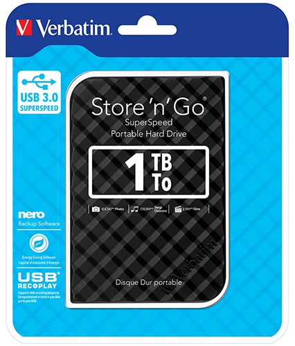 Verbatim 1TB 2.5' USB 3.0 Black Store'n'Go HDD Grid Design, Ultra Portable, High Speed & Capacity. Backup and Store + Nero Backup Software