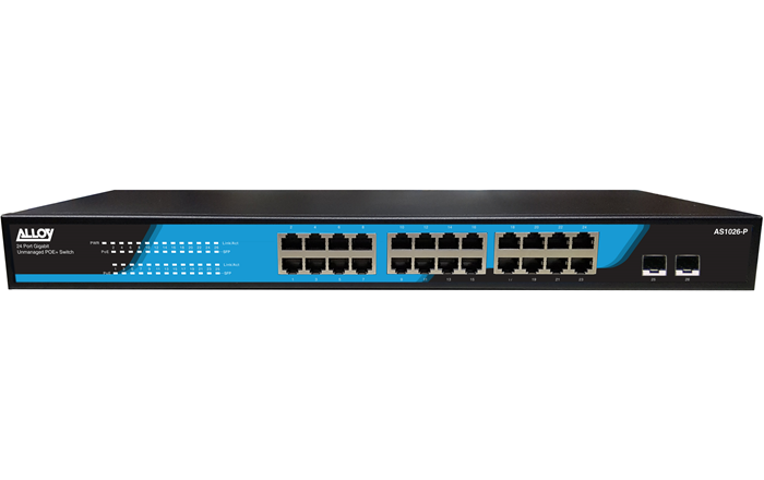 Alloy AS1026-P 24 Port Unmanaged Gigabit 802.3at PoE Switch + 2x 1000Mb SFP Ports, 250 Watts