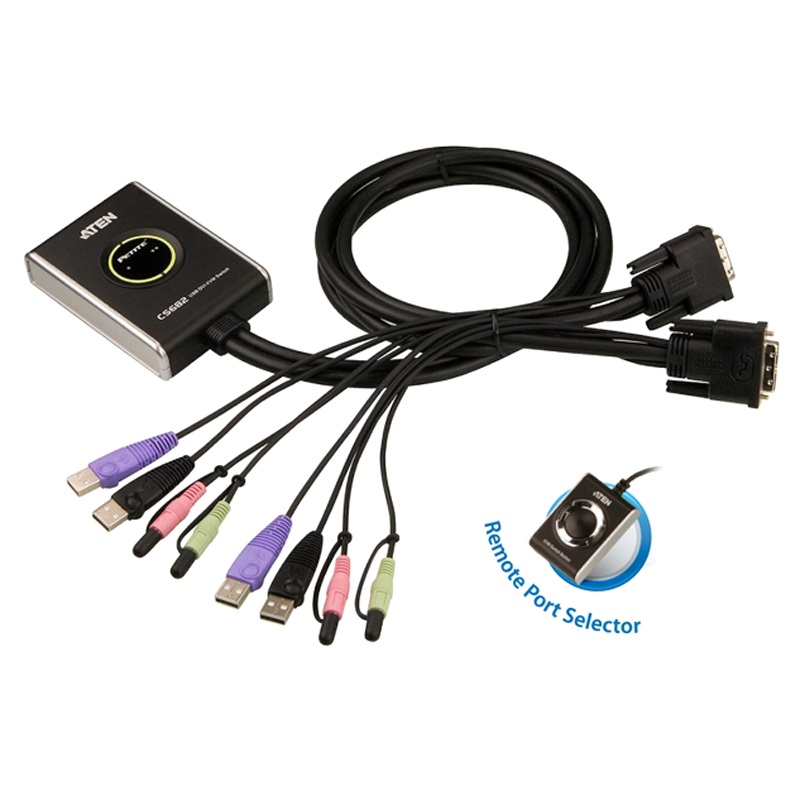 Aten Compact KVM Switch 2 Port Single Display DVI w/ audio, 1.2m Cable, Remote Port Selector