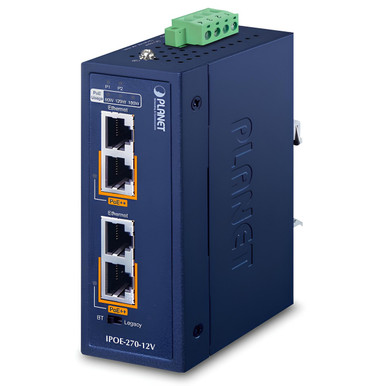 Planet IPOE-270-12V Industrial 2-port Multi-Gigabit 802.3bt PoE++ Injector Hub