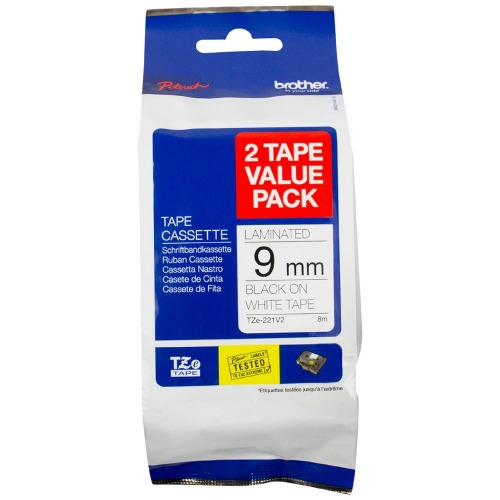 Brother TZE-221V2-TWINPACK - 9MM BLACK ON WHITE TWIN PACK TZE TAPE