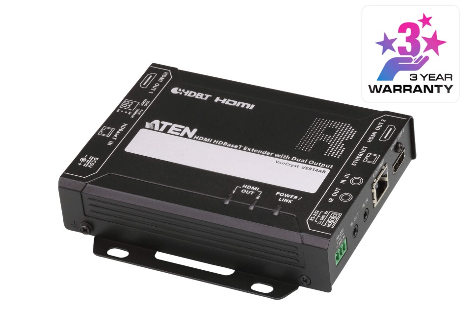 Aten HDMI HDBaseT Receiver with Dual 4K Output, one local HDMI output, supports up to 4K@70m (Cat 5e/6) and 100m (Cat 6A), extends RS232 and IR